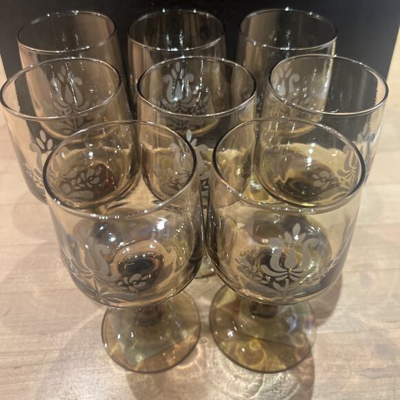 PFALTZGRAFF Village SET OF 8 Brown Etched Pedestal Goblets Wine Glasses EXC! WOW - Picture 6 of 7